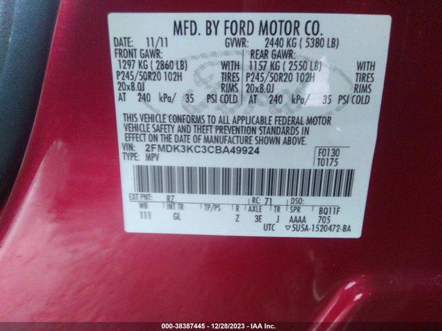 2012 FORD EDGE LIMITED VIN: 2FMDK3KC3CBA49924