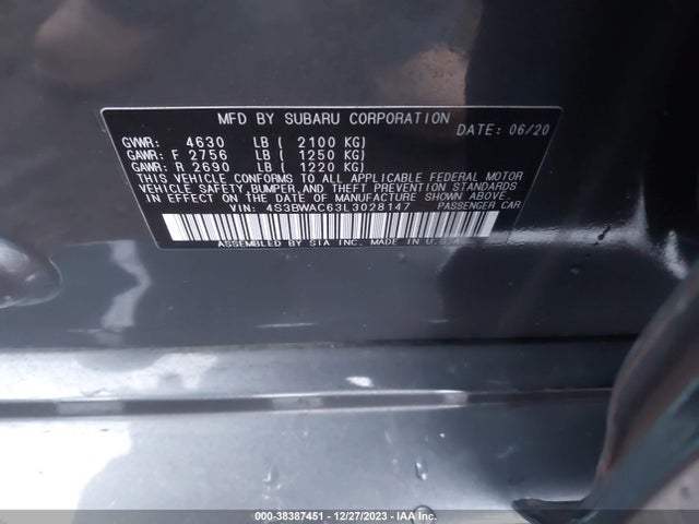 2020 SUBARU LEGACY PREMIUM VIN: 4S3BWAC63L3028147