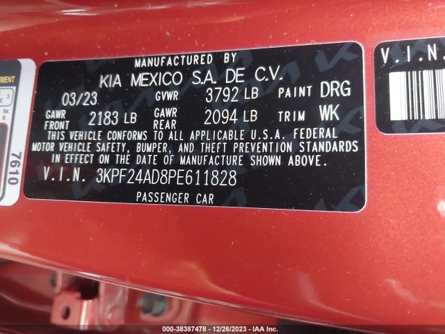 2023 KIA FORTE LXS VIN: 3KPF24AD8PE611828