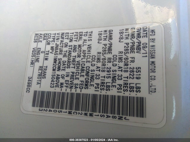 2012 INFINITI FX35 VIN: JN8AS1MW2CM150423