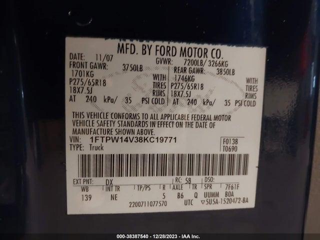2008 FORD F-150 FX4/LARIAT/XLT VIN: 1FTPW14V38KC19771