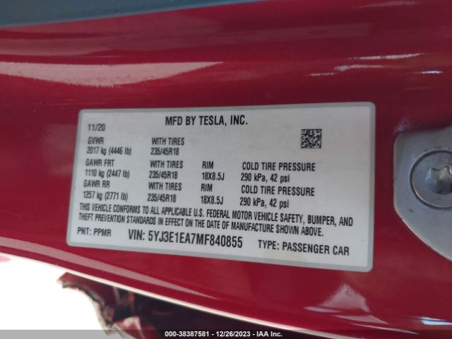 5YJ3E1EA7MF840855 Tesla Model 3 Standard Range Plus Rear-wheel Drive