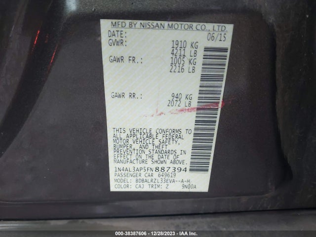 2015 NISSAN ALTIMA 2.5 SL VIN: 1N4AL3AP5FN887394