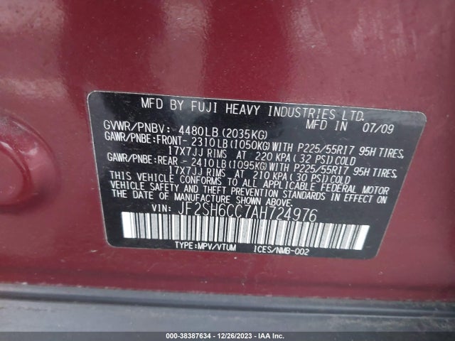 2010 SUBARU FORESTER 2.5X PREMIUM VIN: JF2SH6CC7AH724976