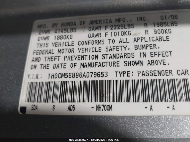 2006 HONDA ACCORD 2.4 EX VIN: 1HGCM56896A079653