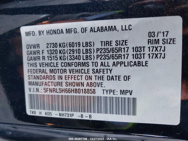 2017 HONDA ODYSSEY EX-L VIN: 5FNRL5H66HB018858