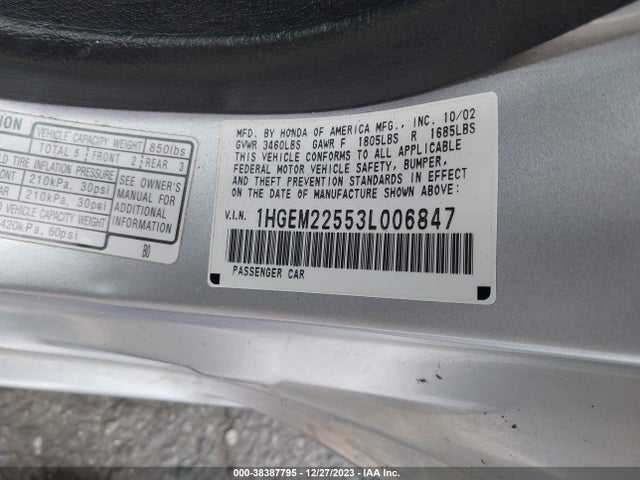 2003 HONDA CIVIC LX VIN: 1HGEM22553L006847