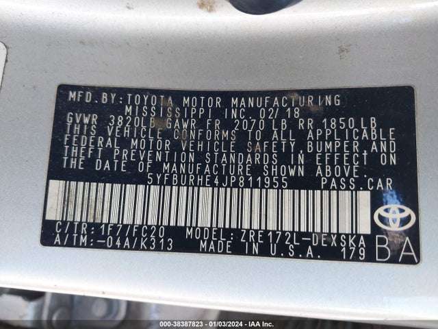 Toyota COROLLA SE 2018 5YFBURHE4JP811955 Image 9