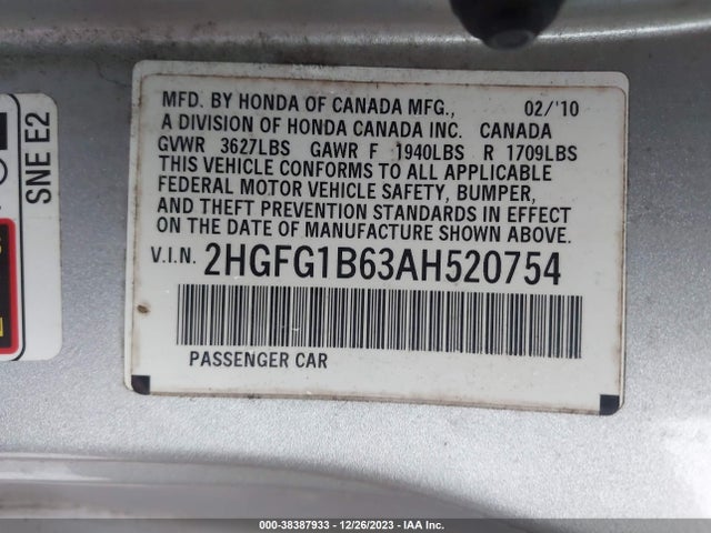 2010 HONDA CIVIC LX VIN: 2HGFG1B63AH520754