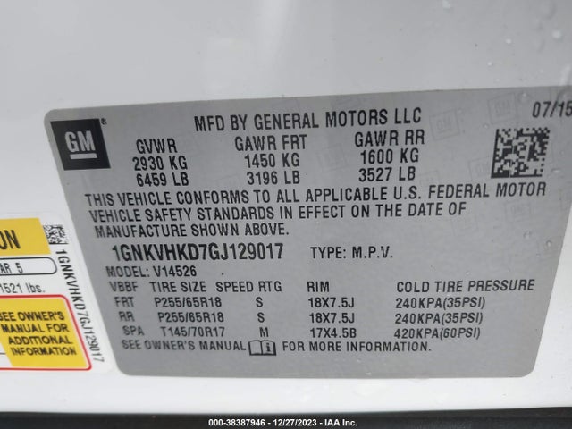 Chevrolet Traverse 2lt 2016 1GNKVHKD7GJ129017 Image 9