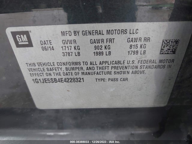 Chevrolet Sonic Ltz Auto 2014 1G1JE5SB4E4228321 Image 9