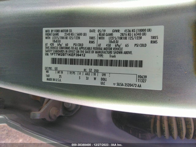2019 FORD F-250 XLT VIN: 1FT7W2BT1KEF39412