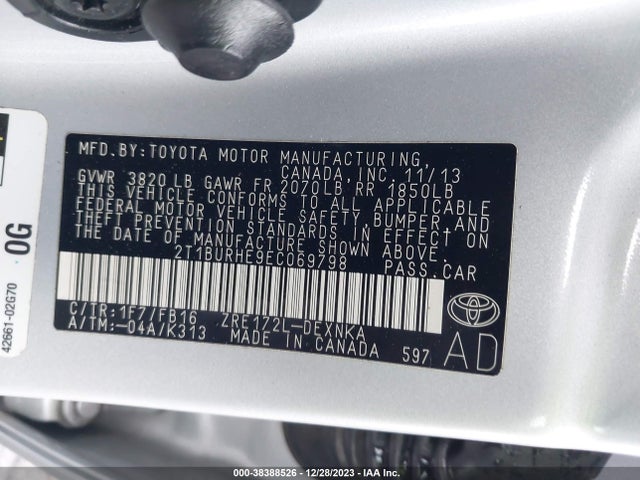 2014 TOYOTA COROLLA LE VIN: 2T1BURHE9EC069798
