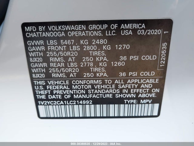 1V2YC2CA1LC214992 Volkswagen Atlas Cross Sport 2.0t Se W/technology/2.0t Se W/technology R-line