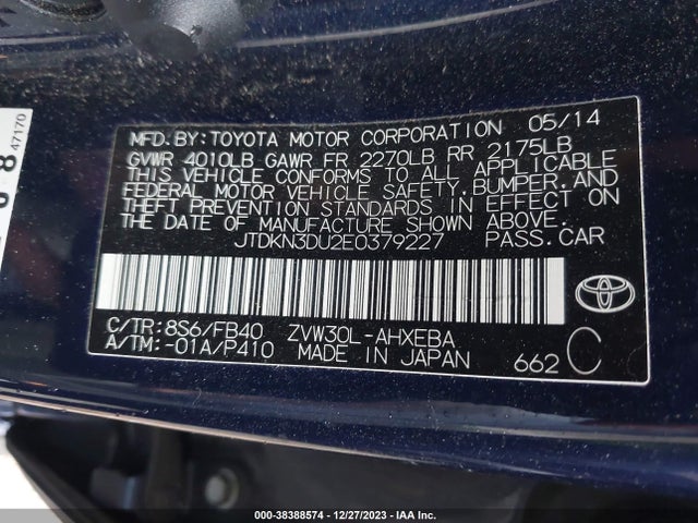 Toyota Prius Two 2014 JTDKN3DU2E0379227 Image 9