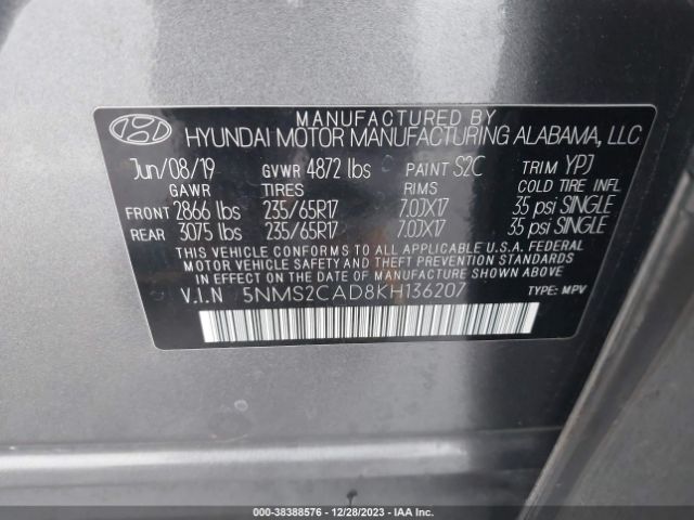 2019 HYUNDAI SANTA FE 5NMS2CAD8KH136207 Photo 8