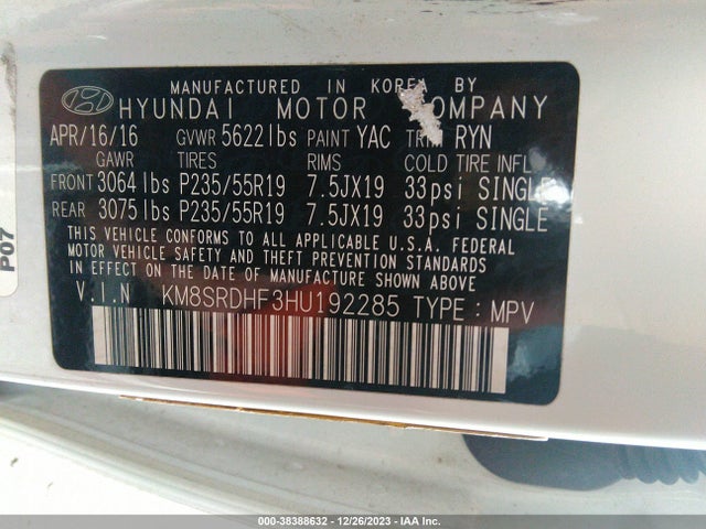 Hyundai Santa Fe Limited Ultimate 2017 KM8SRDHF3HU192285 Image 9