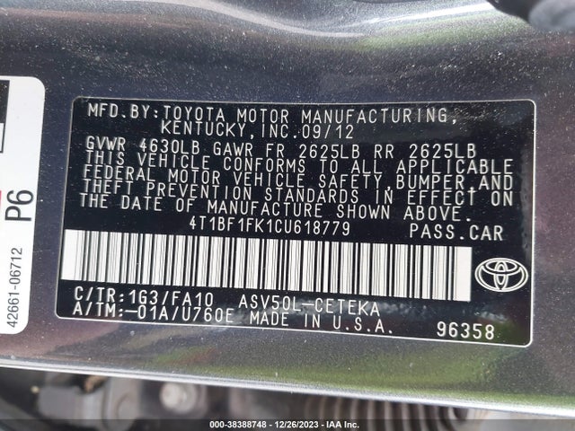 2012 TOYOTA CAMRY L VIN: 4T1BF1FK1CU618779