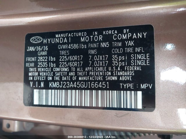 2016 HYUNDAI TUCSON SE VIN: KM8J23A45GU166451