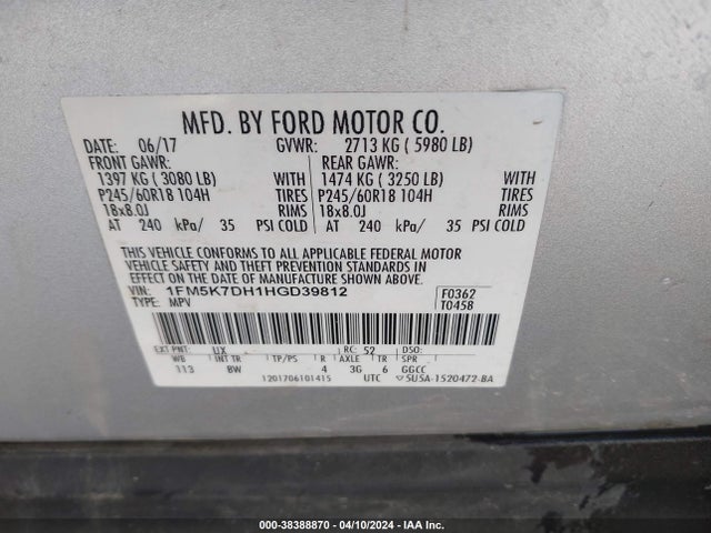 Ford EXPLORER XLT 2017 1FM5K7DH1HGD39812 Image 9