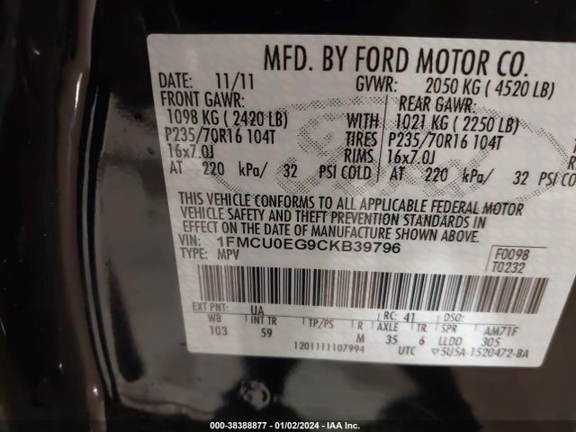 2012 FORD ESCAPE LIMITED VIN: 1FMCU0EG9CKB39796