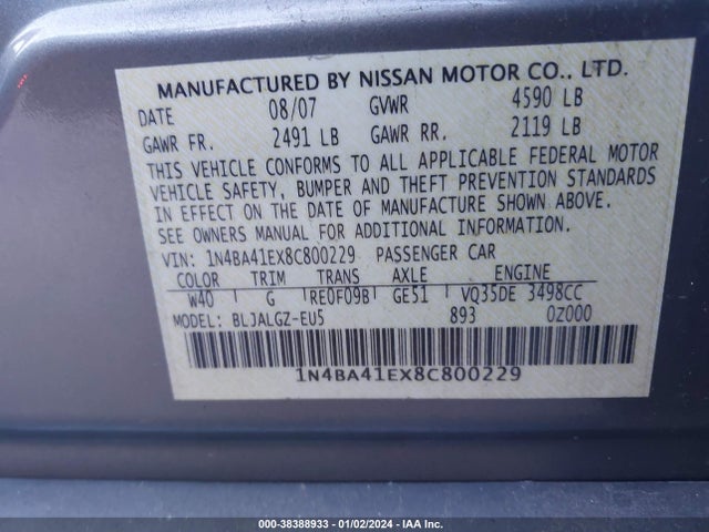 2008 NISSAN MAXIMA 3.5 SL VIN: 1N4BA41EX8C800229