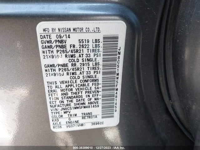 2015 INFINITI QX70 VIN: JN8CS1MW5FM481459