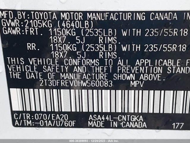 2T3DFREV0HW560083 Toyota Rav4 Platinum