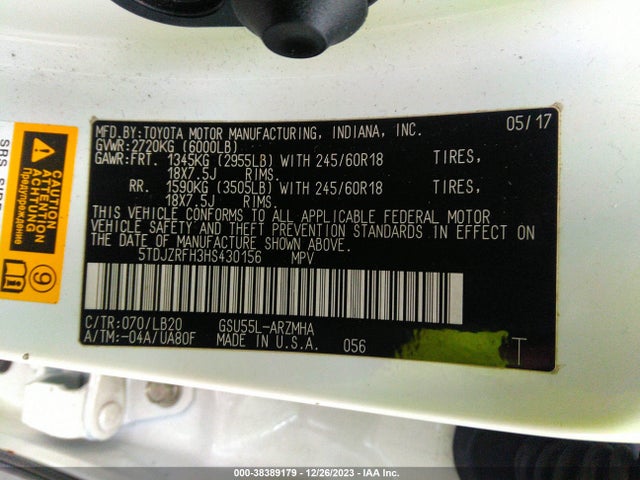 Toyota Highlander Xle 2017 5TDJZRFH3HS430156 Image 9