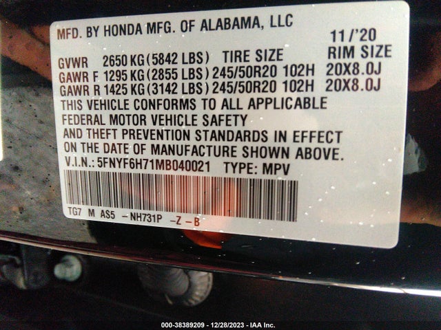 5FNYF6H71MB040021 Honda Pilot Awd Black Edition