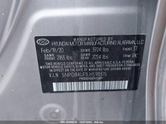 2020 HYUNDAI ELANTRA VALUE EDITION VIN: 5NPD84LF1LH590315