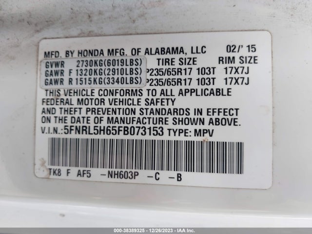 2015 HONDA ODYSSEY EX-L VIN: 5FNRL5H65FB073153