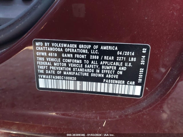 Volkswagen Passat 1.8t Wolfsburg Edition 2014 1VWAS7A36EC100820 Image 9