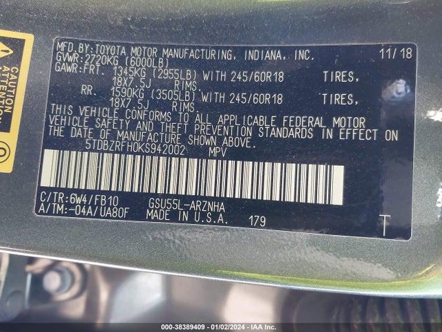 Toyota Highlander Le 2019 5TDBZRFH0KS942002 Image 9