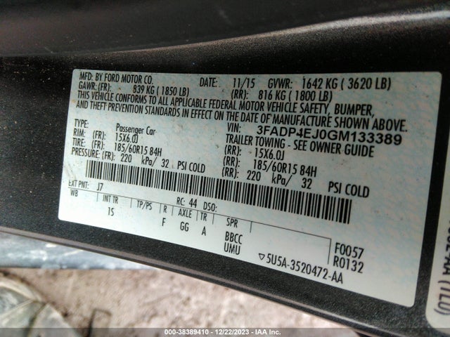 Aukcja sprzedaży 2016 Ford Fiesta Se, vin: 3FADP4EJ0GM133389, numer aukcji: 38389410