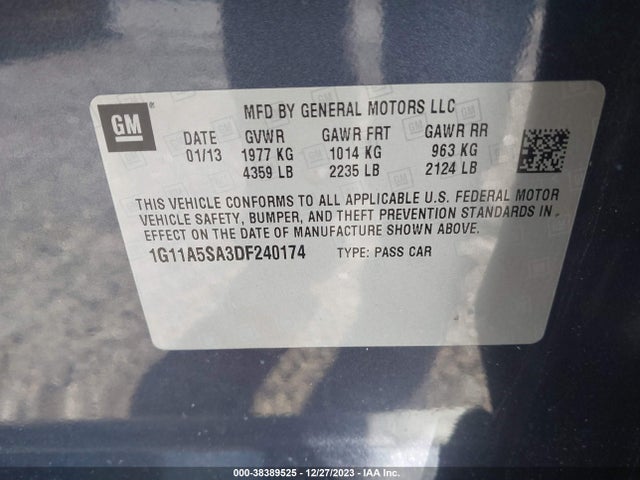 2013 CHEVROLET MALIBU 1FL VIN: 1G11A5SA3DF240174