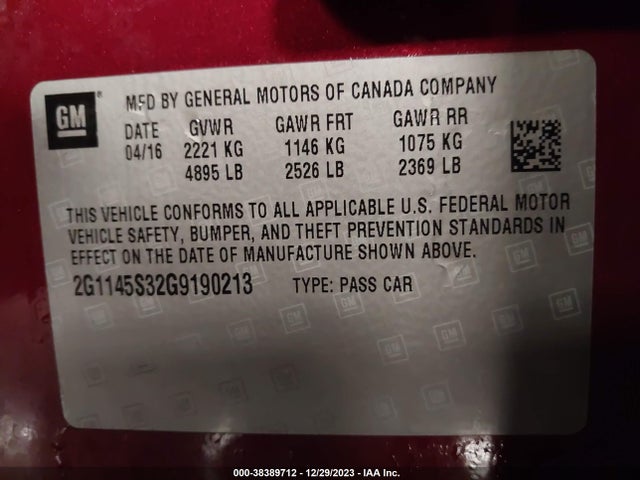 2016 CHEVROLET IMPALA 2LZ VIN: 2G1145S32G9190213