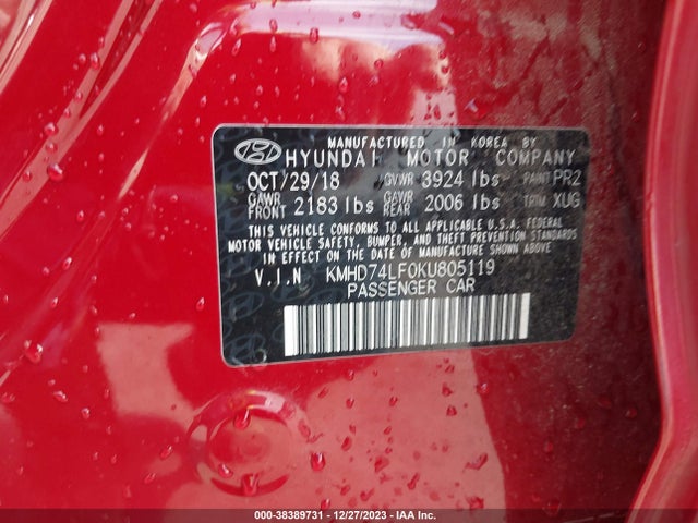 2019 HYUNDAI ELANTRA SE VIN: KMHD74LF0KU805119