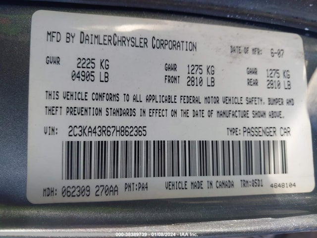 2007 CHRYSLER 300 VIN: 2C3KA43R67H862365