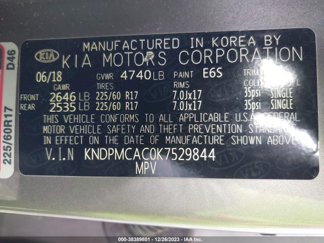 2019 KIA SPORTAGE LX VIN: KNDPMCAC0K7529844