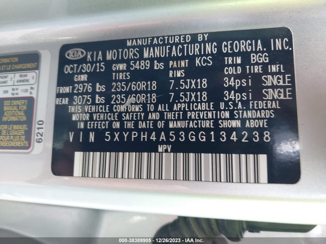 KIA Sorento 3.3l Ex 2016 5XYPH4A53GG134238 Image 9