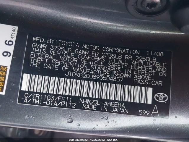 2009 TOYOTA PRIUS TOURING VIN: JTDKB20U893504857