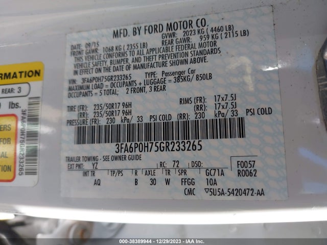 Ford FUSION SE 2016 3FA6P0H75GR233265 Image 9