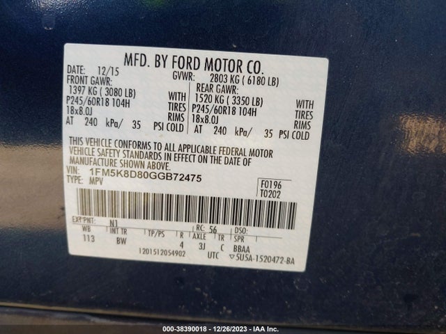 Ford EXPLORER XLT 2016 1FM5K8D80GGB72475 Image 9