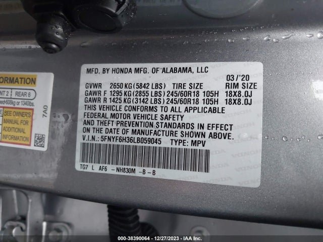2020 HONDA PILOT AWD EX VIN: 5FNYF6H36LB059045