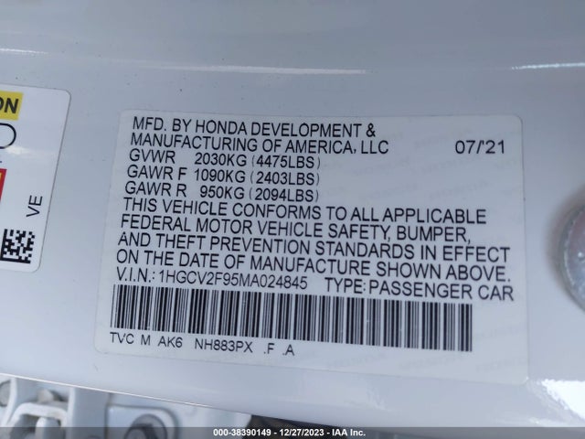 Honda Accord Touring 2021 1HGCV2F95MA024845 Image 9
