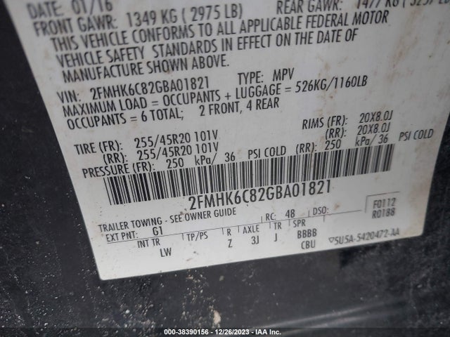 2016 FORD FLEX SEL VIN: 2FMHK6C82GBA01821