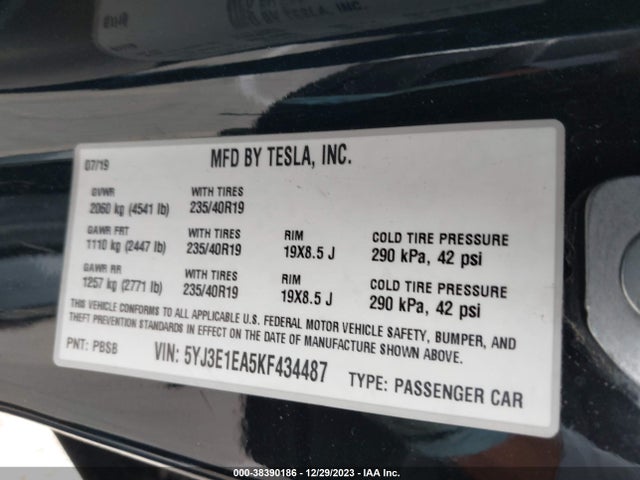 Tesla Model 3 Long Range/mid Range/standard Range/standard Range Plus 2019 5YJ3E1EA5KF434487 Image 9
