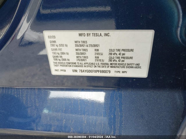 2023 TESLA MODEL Y AWD/PERFORMANCE DUAL MOTOR ALL-WHEEL DRIVE VIN: 7SAYGDEFXPF690079