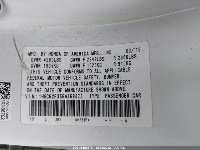 Honda ACCORD LX 2016 1HGCR2F35GA169873 Image 9